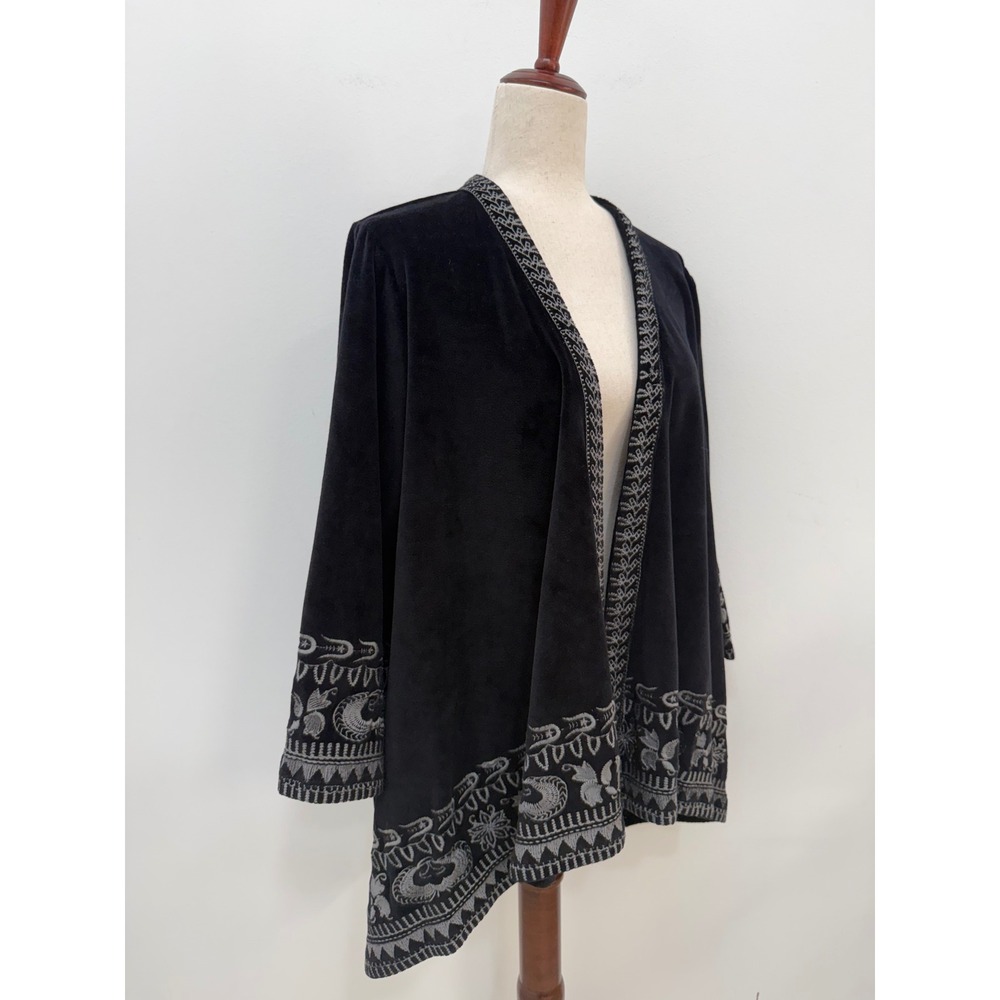 Sweet Magnolia Velvet Cardigan Large Black Embroidered Open Front Layering Top